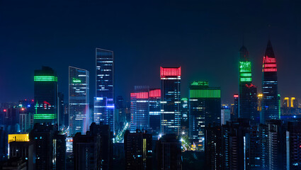 Obraz premium Night Lights Illuminate Modern City Skyline A Stunning View of Urban Architecture at Night