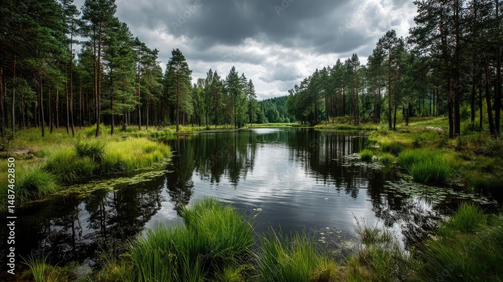 Aufkleber scenic view of lake in pine forest under peaceful nature concept. a serene lake surrounded by lush t
