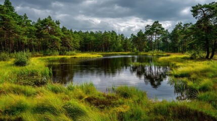 Fototapeta premium Scenic view of lake in pine forest under peaceful nature concept. A serene wetland scene capturing vibrant greenery and calm water.