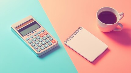 Budget flat lay with laptop notebook calculator smartphone coffee cup glasses and financial statement reports on blush pink to sky blue gradient pastel background