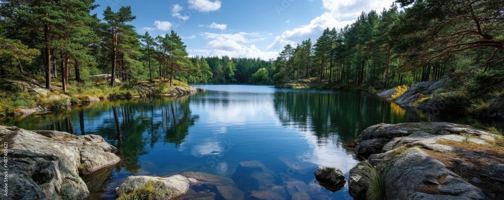 Aufkleber Scenic view of lake in pine forest with rock and trees concept. A serene lake surrounded by lush, green trees under a blue sky.