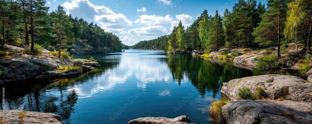 Poster Scenic view of lake in pine forest with rock and trees concept. A serene lake surrounded by lush green forests and clear skies.