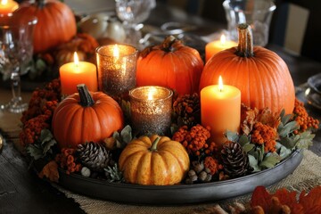 Harvest centerpiece with pumpkins and candles