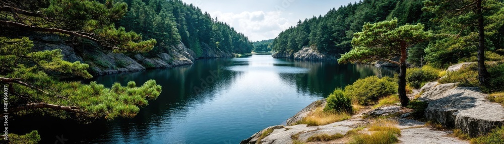 Poster scenic view of lake in pine forest with rock and trees concept. serene river flowing through lush gr