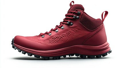 Crimson mid-cut shoe with dark sole on a white background, laced with metallic eyelets