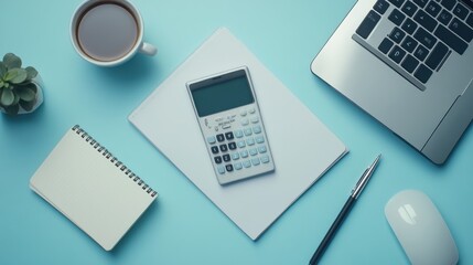 Budget flat lay with laptop notebook calculator smartphone coffee cup glasses and financial statement reports on blush pink to sky blue gradient pastel background