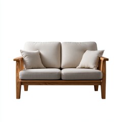 Fototapeta premium Minimalist Japandi Sofa in Natural Cotton Fabric with Wood Frame, Compact Size and Soft Padding on White Background - Photorealistic Design