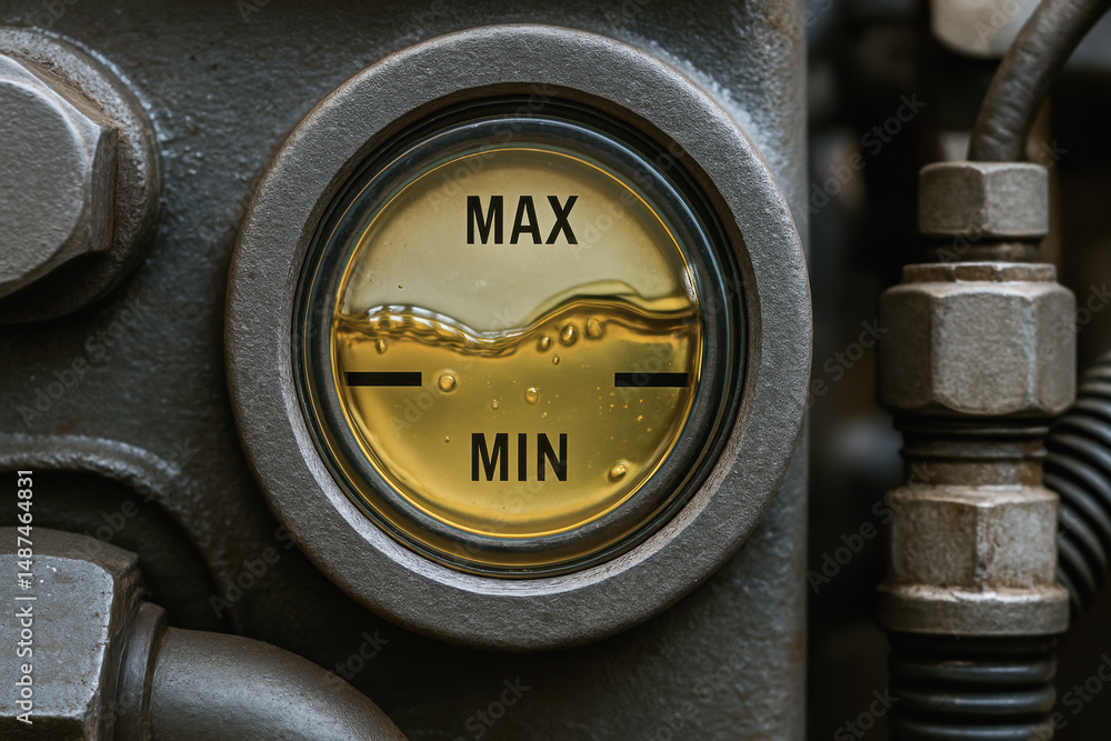 Poster hydraulic fluid level gauge with mechanism showing liquid between max and min marks on metal machine