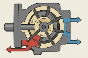 Obraz premium Hydraulic mechanism diagram with rotating parts and directional arrows illustrating fluid flow and mechanical movement in industrial system