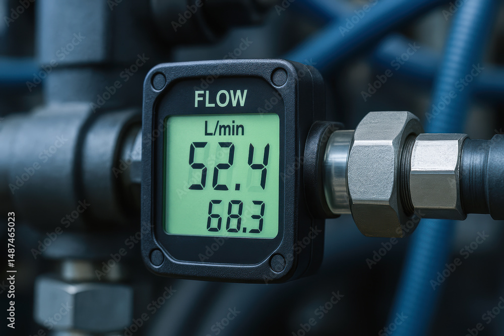 Aufkleber hydraulic flow meter measuring liquid rate in mechanism system with digital display showing liters p