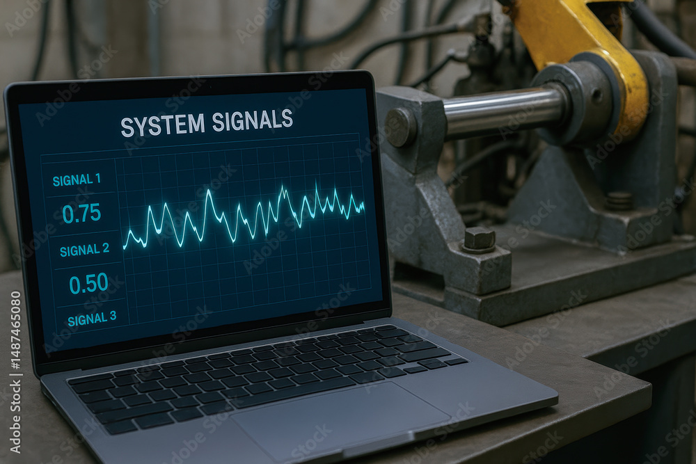 Poster system signals displayed on laptop screen monitor hydraulic mechanism vibration data analysis for in
