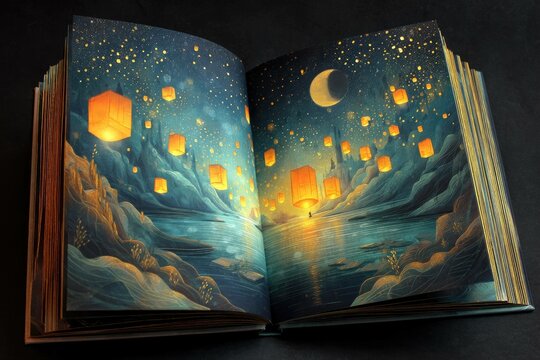 Illustrated book showing moonrise over a crystal river, golden lanterns drifting in the air, all wrapped in warm starry night