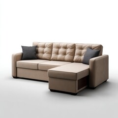 Obraz premium Contemporary L-Shape Sofa Bed with Hidden Storage in Sand Chenille Fabric - Gas-Lift System, Compact Design on White Background | 3D Rendering