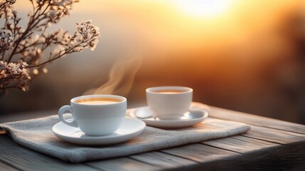 Fototapeta premium Two Cups of Steaming Tea at Sunrise on Rustic Wooden Table