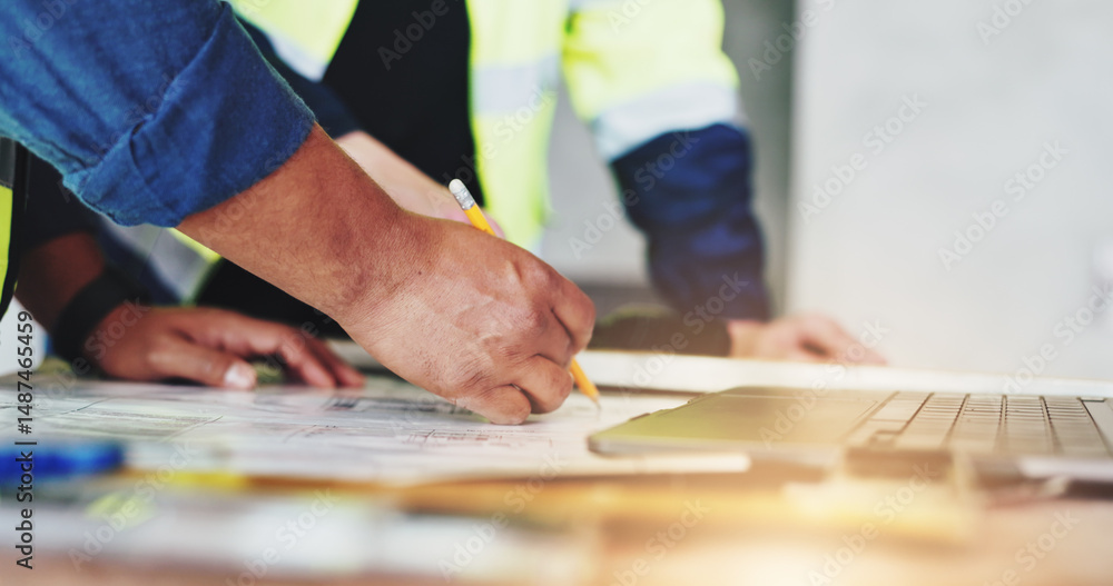 Poster Architecture, collaboration and hands with construction worker people closeup on building site for planning. Blueprints, floor plan and writing with engineering team on location for development