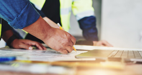 Architecture, collaboration and hands with construction worker people closeup on building site for...