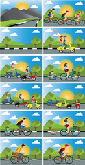 Fototapeta premium set Illustration design ride a scooter in the mountains, vector illustration