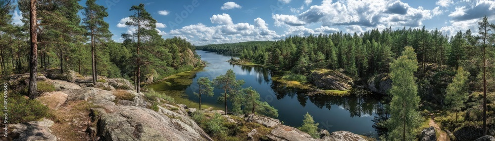 Poster scenic view of lake in pine forest with rock and trees concept. a serene river landscape surrounded 