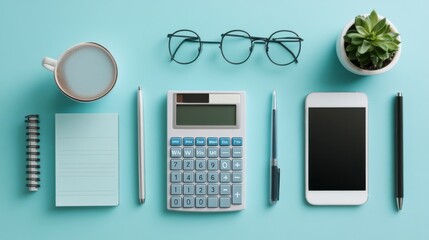 Budget flat lay with laptop notebook calculator smartphone coffee cup glasses and financial statement reports on blush pink to sky blue gradient pastel background