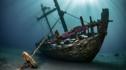 Sunken shipwreck on the ocean floor with schools of fish underwater and stunning light rays