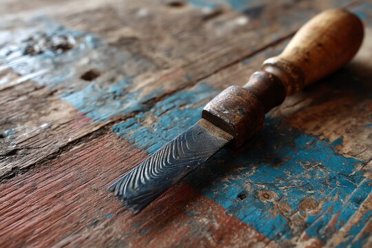 Wood chisel with wooden handle on weathered surface