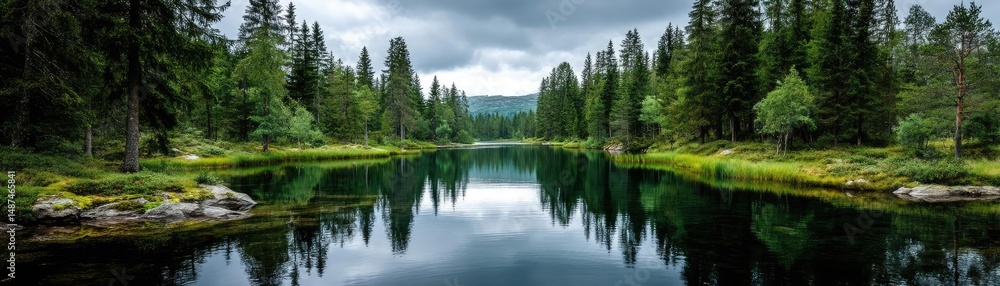 Poster scenic view of lake in pine forest under cloudy blue sky concept. serene lake surrounded by lush gre