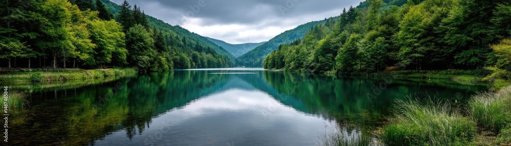 Poster Scenic view of lake in pine forest under cloudy blue sky concept. Scenic view of a tranquil lake surrounded by lush greenery.