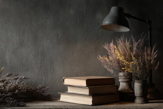 Naklejki Rustic Still Life: Books, Dried Flowers, and a Vintage Lamp