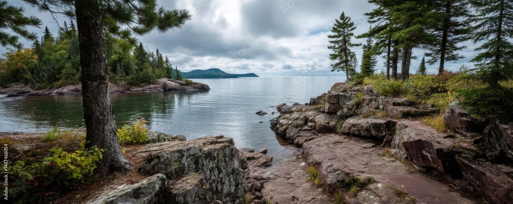 Poster scenic view of lake in pine forest under peaceful nature concept. a serene lakeside view featuring t