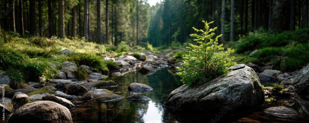 Poster scenic view of lake in pine forest under peaceful nature concept. a serene river flows through a tra