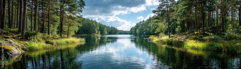 Poster scenic view of lake in pine forest under cloudy blue sky concept. scenic view of a tranquil lake sur