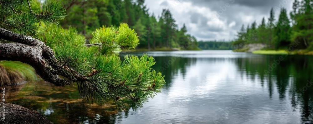 Poster scenic view of lake in pine forest under cloudy blue sky concept. tranquil lake surrounded by lush g