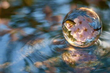 Light pastel floral orb rotating gently in mid-river, trees shimmering in the glassy reflections