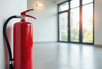 Red fire extinguisher resting against a pristine white wall in a bright indoor space, highlighting minimalist safety equipment design
