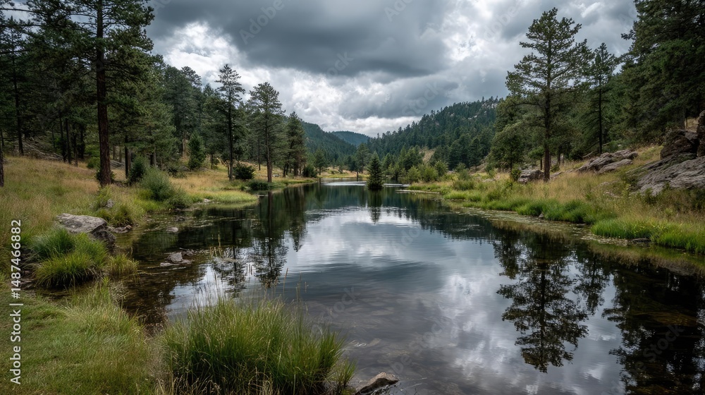 Aufkleber scenic view of lake in pine forest under cloudy blue sky concept. wonderful reflection of trees and 