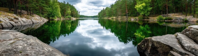 Obraz premium Scenic view of lake in pine forest under peaceful nature concept. Serene lake surrounded by lush greenery and tranquil sky reflections.