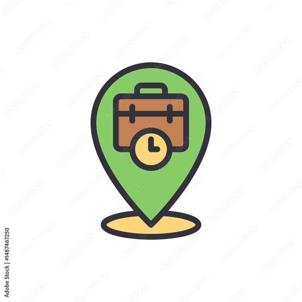 Poster briefcase location marker with clock indicating working hours or meeting point