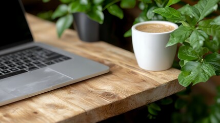 Laptop and Coffee Cup on Wooden Table