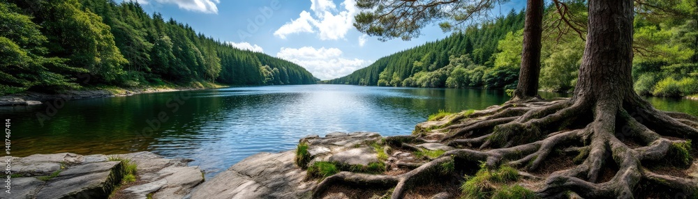 Aufkleber scenic view of lake in pine forest with rock and trees concept. scenic view of a serene lake surroun