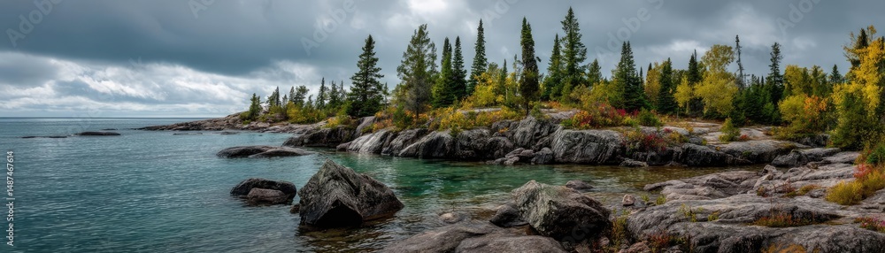 Poster scenic view of lake in pine forest under peaceful nature concept. serene lakeside view with rocky sh
