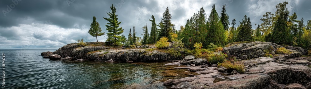 Aufkleber Scenic view of lake in pine forest under peaceful nature concept. Scenic view of rocky shore with lush trees under dramatic sky.