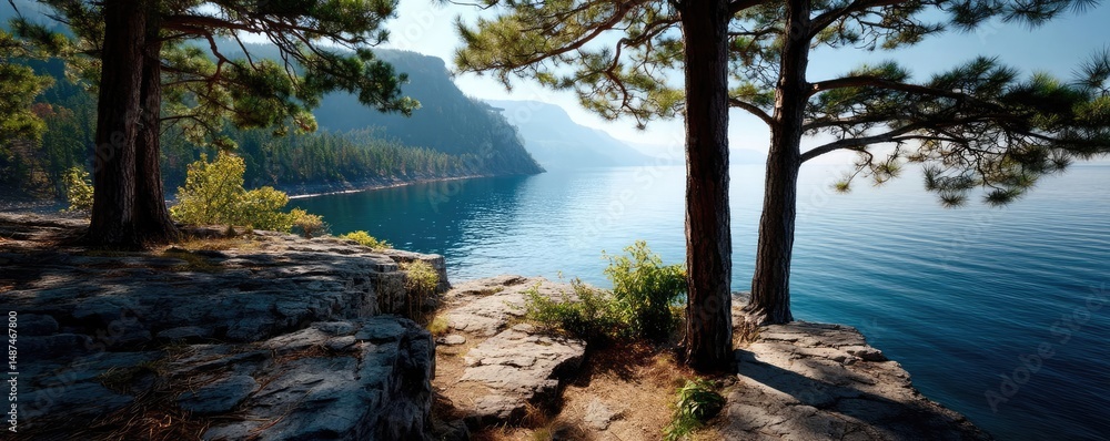 Poster Scenic view of lake in pine forest with rock and trees concept. Serene lake surrounded by trees and rocky coastline under blue sky.