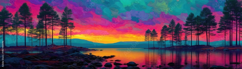 Poster scenic view of lake in pine forest with rock and trees concept. vibrant sunset over a serene lake su