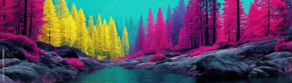 Poster Scenic view of lake in pine forest with rock and trees concept. Vibrant forest landscape with colorful trees by a tranquil river.