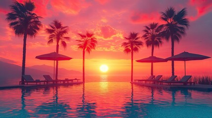 pool, sun loungers or deck chairs under umbrellas with palm trees, sunset sky.