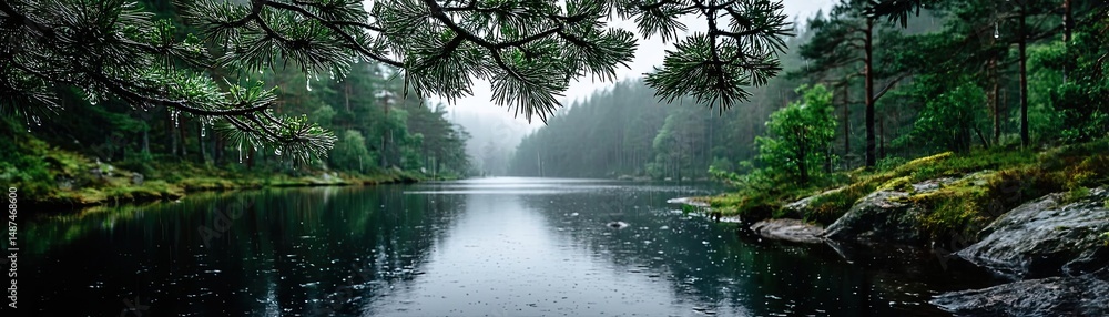 Poster Scenic view of lake in pine forest under cloudy blue sky concept. Serene lake surrounded by lush greenery and tranquil atmosphere.