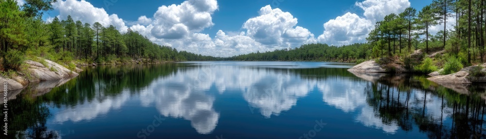 Poster scenic view of lake in pine forest under cloudy blue sky concept. a serene lake reflects fluffy clou