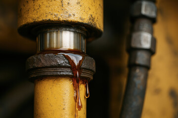 Hydraulic mechanism with leaking oil on yellow metal pipe showing industrial maintenance and mechanical wear in close up detail