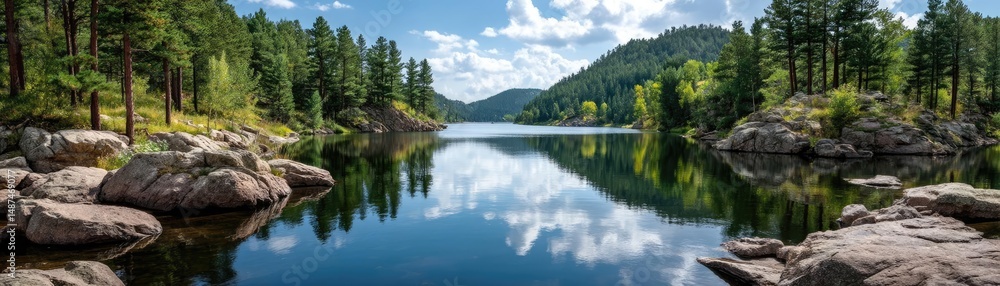 Poster scenic view of lake in pine forest with rock and trees concept. serene lake surrounded by lush green