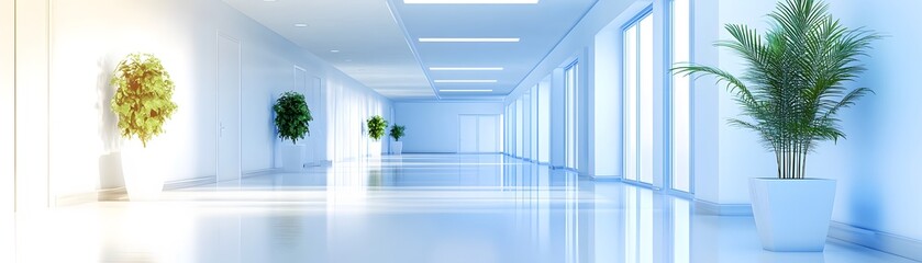 Fototapeta premium Modern, light-filled corridor with indoor plants.